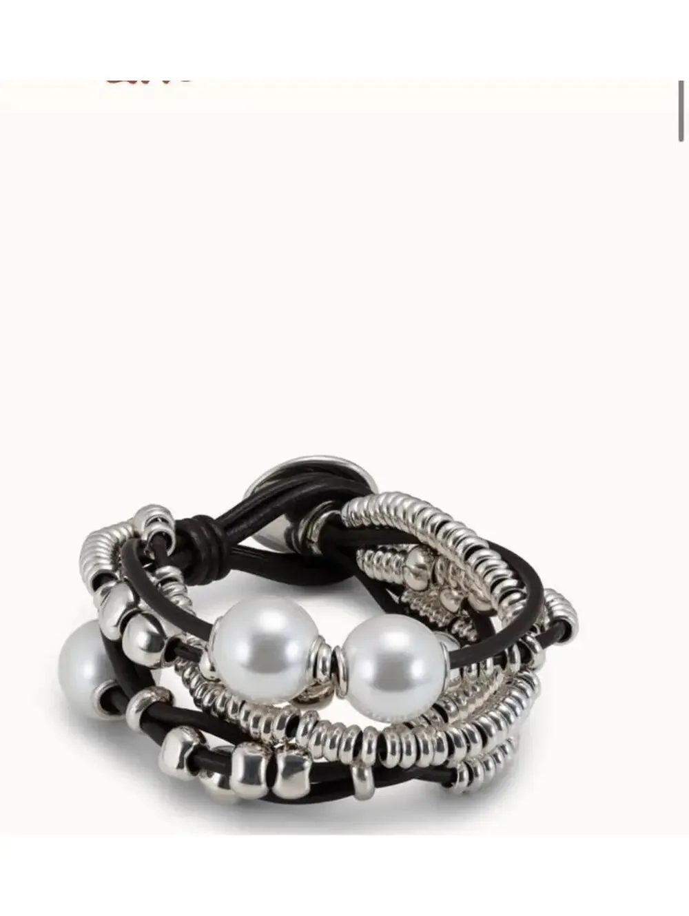 Uno de 50 Silver and Leather Multi-Strand Bracelet with Pearls